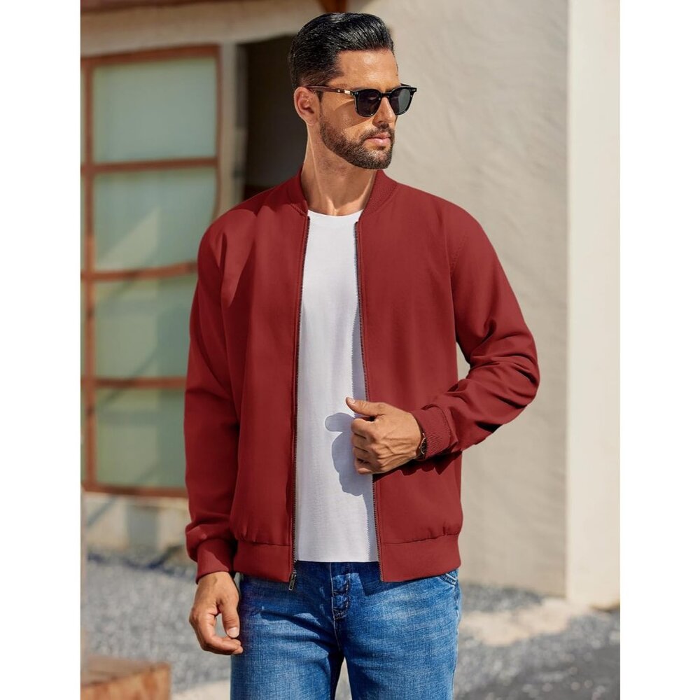 Men's Casual Cotton Bomber Jacket Dark Red Lightweight Flight Softshell - Picture 2 of 5